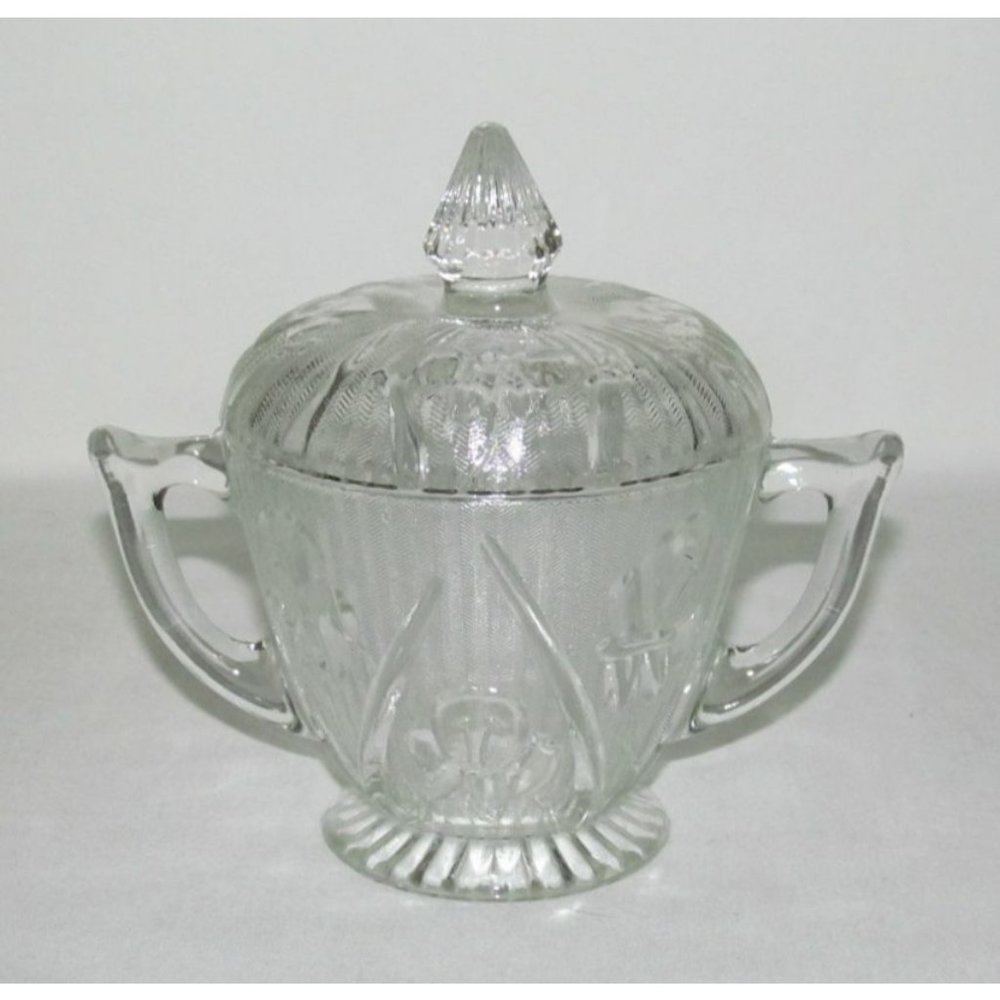 Jeannette Glass IRIS AND HERRINGBONE Crystal Footed Sugar Dish with Cover